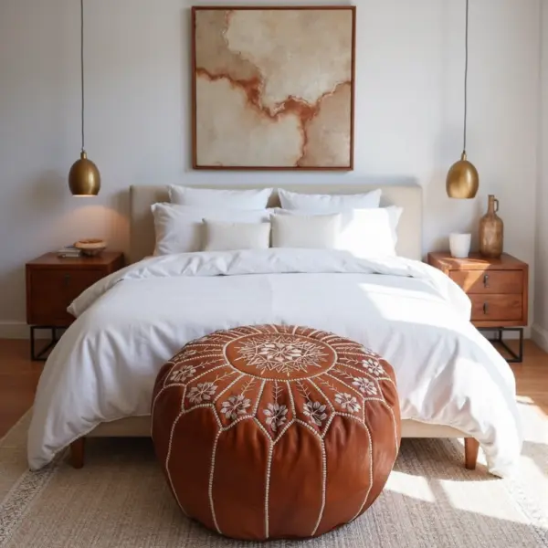 Handmade Moroccan Embroidered Leather Pouf Ottoman – Mandala Design (21″ × 12″)