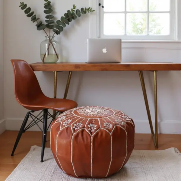 Handmade Moroccan Embroidered Leather Pouf Ottoman – Mandala Design (21″ × 12″)