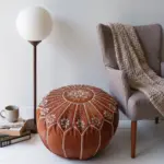 Handmade Moroccan Embroidered Leather Pouf Ottoman – Mandala Design (21″ × 12″)