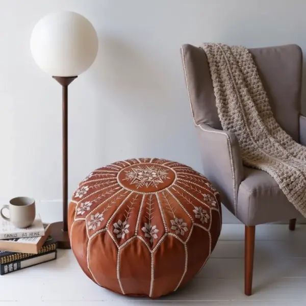 Handmade Moroccan Embroidered Leather Pouf Ottoman – Mandala Design (21″ × 12″)