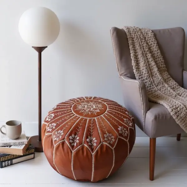 Handmade Moroccan Embroidered Leather Pouf Ottoman – Mandala Design (21″ × 12″)