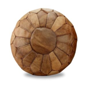 Handcrafted Moroccan Round Leather Pouf – Light Brown (21″ × 16″)