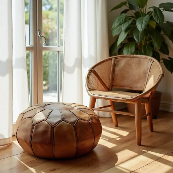 Handcrafted Moroccan Round Leather Pouf – Light Brown (21″ × 16″)
