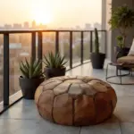Handcrafted Moroccan Round Leather Pouf – Light Brown (21″ × 16″)