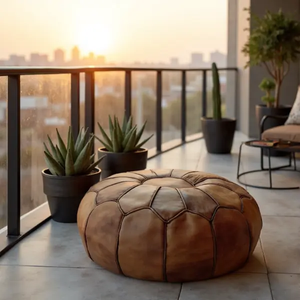 Handcrafted Moroccan Round Leather Pouf – Light Brown (21″ × 16″)