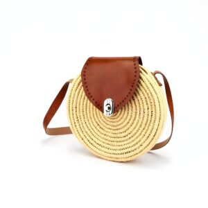 Round Straw Crossbody Bag – Handwoven Moroccan Circle Purse with Leather Flap