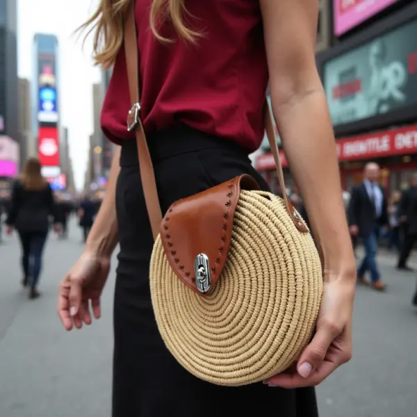 Round Straw Crossbody Bag – Handwoven Moroccan Circle Purse with Leather Flap