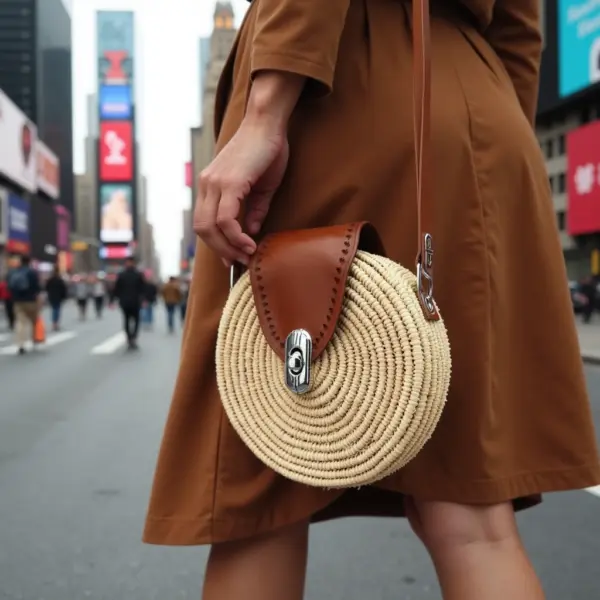 Round Straw Crossbody Bag – Handwoven Moroccan Circle Purse with Leather Flap
