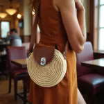 Round Straw Crossbody Bag – Handwoven Moroccan Circle Purse with Leather Flap