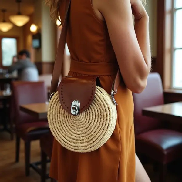 Round Straw Crossbody Bag – Handwoven Moroccan Circle Purse with Leather Flap