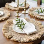 Handmade Raffia Round Tassel Placemats with Fringes – Boho Moroccan Straw Table Mats (15″ Diameter)