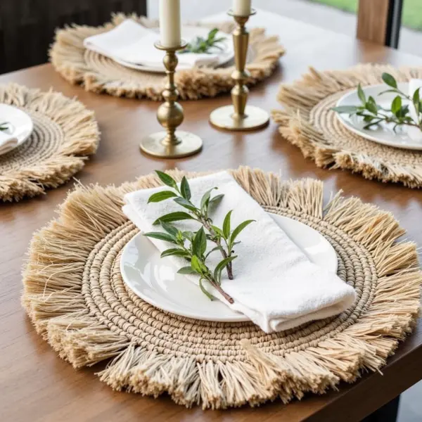 Handmade Raffia Round Tassel Placemats with Fringes – Boho Moroccan Straw Table Mats (15″ Diameter)