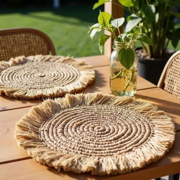 Handmade Raffia Round Tassel Placemats with Fringes – Boho Moroccan Straw Table Mats (15″ Diameter)