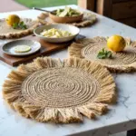 Handmade Raffia Round Tassel Placemats with Fringes – Boho Moroccan Straw Table Mats (15″ Diameter)