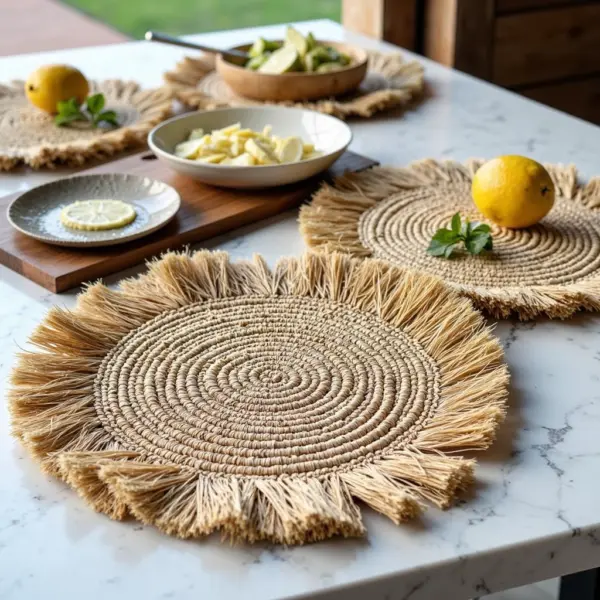 Handmade Raffia Round Tassel Placemats with Fringes – Boho Moroccan Straw Table Mats (15″ Diameter)