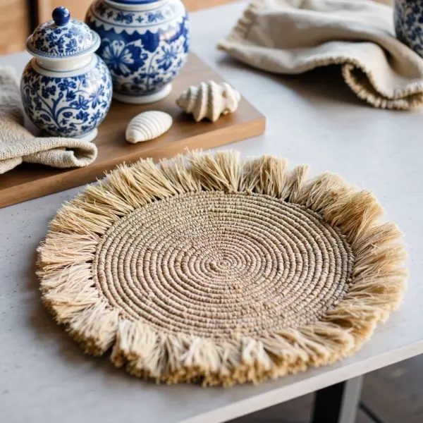Handmade Raffia Round Tassel Placemats with Fringes – Boho Moroccan Straw Table Mats (15″ Diameter)