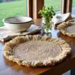 Handmade Raffia Round Tassel Placemats with Fringes – Boho Moroccan Straw Table Mats (15″ Diameter)