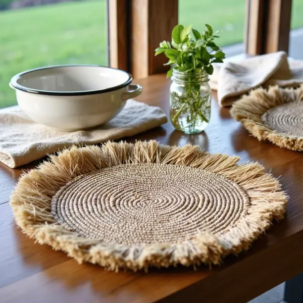 Handmade Raffia Round Tassel Placemats with Fringes – Boho Moroccan Straw Table Mats (15″ Diameter)