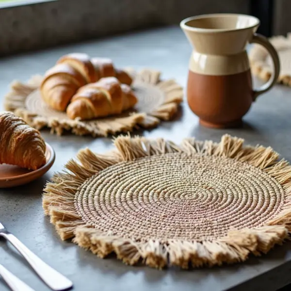 Handmade Raffia Round Tassel Placemats with Fringes – Boho Moroccan Straw Table Mats (15″ Diameter)