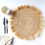 Handmade Raffia Round Tassel Placemats with Fringes – Boho Moroccan Straw Table Mats (15″ Diameter)