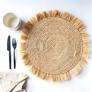 Handmade Raffia Round Tassel Placemats with Fringes – Boho Moroccan Straw Table Mats (15″ Diameter)