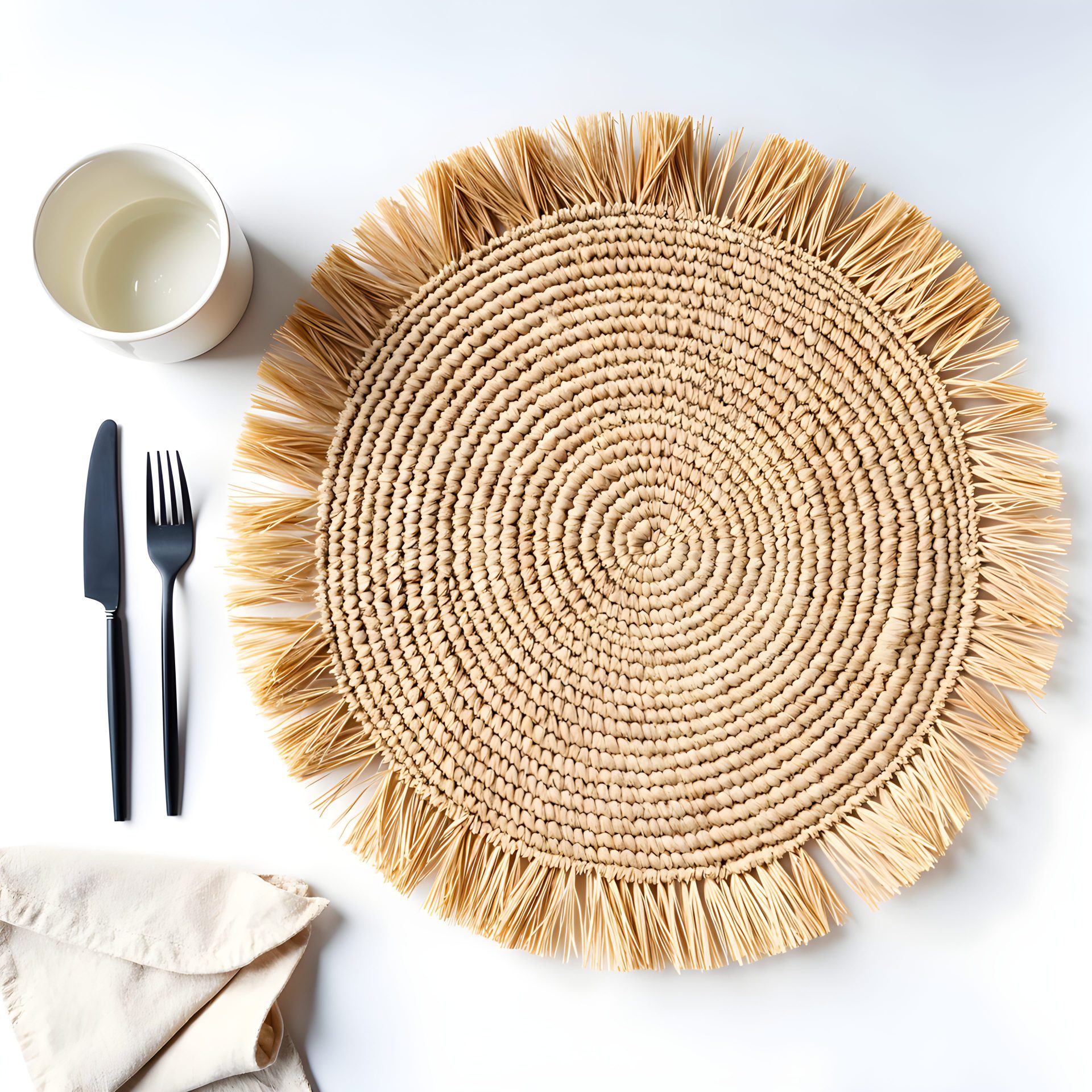 Handmade Raffia Round Tassel Placemats with Fringes – Boho Moroccan Straw Table Mats (15″ Diameter)