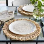 Handmade Raffia Round Tassel Placemats with Fringes – Boho Moroccan Straw Table Mats (15″ Diameter)