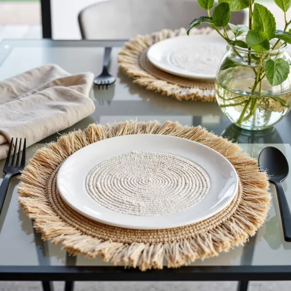 Handmade Raffia Round Tassel Placemats with Fringes – Boho Moroccan Straw Table Mats (15″ Diameter)