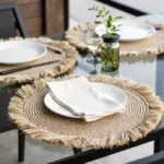 Handmade Raffia Round Tassel Placemats with Fringes – Boho Moroccan Straw Table Mats (15″ Diameter)