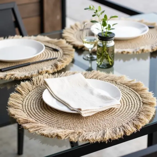 Handmade Raffia Round Tassel Placemats with Fringes – Boho Moroccan Straw Table Mats (15″ Diameter)