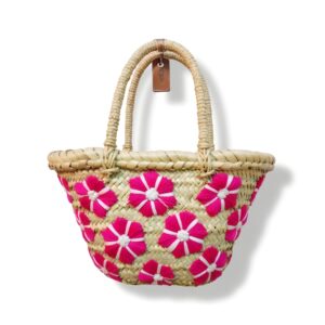 Moroccan Small Straw Bag – Handwoven Mini Tote with Floral Embroidery (8″ × 13.3″)