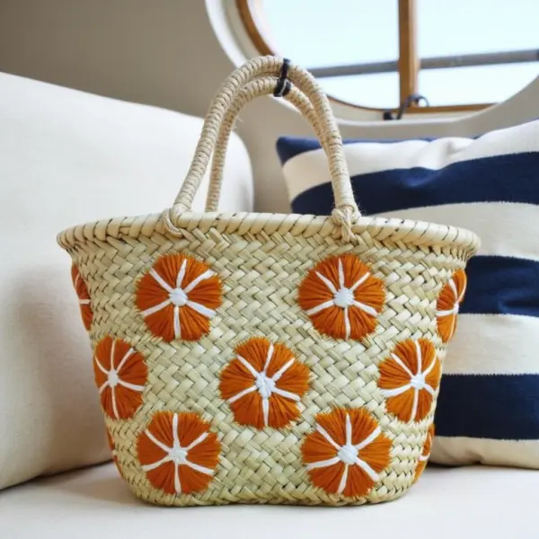 Moroccan Small Straw Bag – Handwoven Mini Tote with Floral Embroidery (8″ × 13.3″)