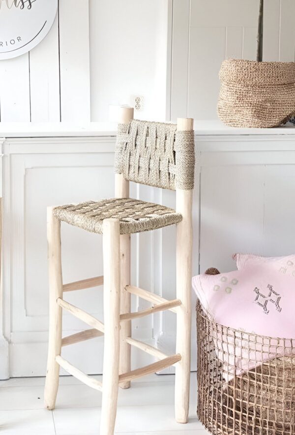 Handwoven Palm Leaf Bar Chair – Artisanal Lemon Wood Counter Stool (60cm & 80cm)