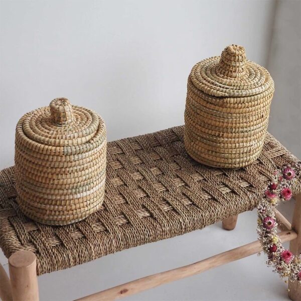 Exclusive Moroccan Palm Leaf Bench – Handwoven Boho Bench with Lemon Wood Frame
