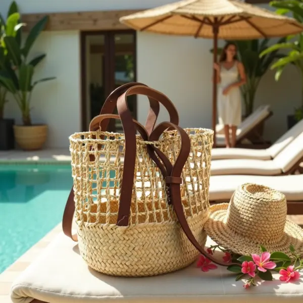 Handwoven Straw Backpack – Moroccan Artisan Rucksack with Leather Straps