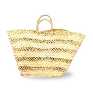 Natural Straw Basket Bag – Large Handwoven Market Tote with Striped Design