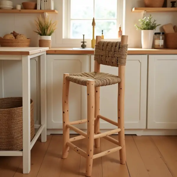Handwoven Palm Leaf Bar Chair – Artisanal Lemon Wood Counter Stool (60cm & 80cm)