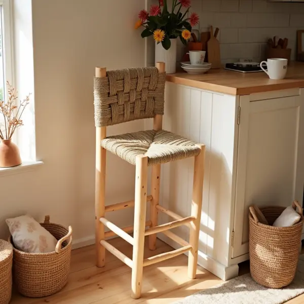 Handwoven Palm Leaf Bar Chair – Artisanal Lemon Wood Counter Stool (60cm & 80cm)