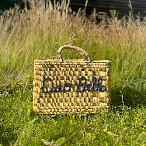 Ciao Bella Handwoven Basket – Embroidered Reed Tote with Lea