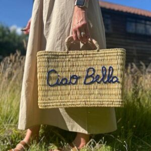 Ciao Bella Handwoven Basket – Embroidered Reed Tote with Lea