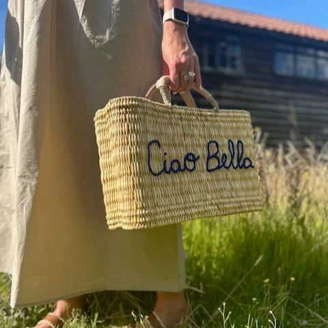 Ciao Bella Handwoven Basket – Embroidered Reed Tote with Lea