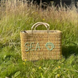 Seashell Embroidered Basket – Handwoven Reed Tote