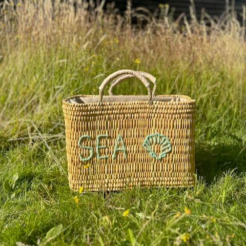 Seashell Embroidered Basket – Handwoven Reed Tote