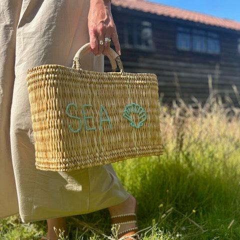 Seashell Embroidered Basket – Handwoven Reed Tote