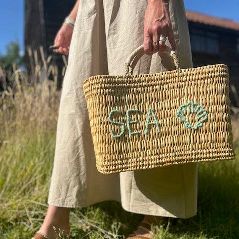 Seashell Embroidered Basket – Handwoven Reed Tote