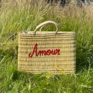 Amour Handwoven Basket – Embroidered Reed Tote with Leather