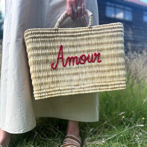 Amour Handwoven Basket – Embroidered Reed Tote with Leather