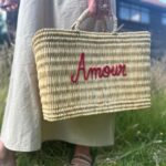 Amour Handwoven Basket – Embroidered Reed Tote with Leather