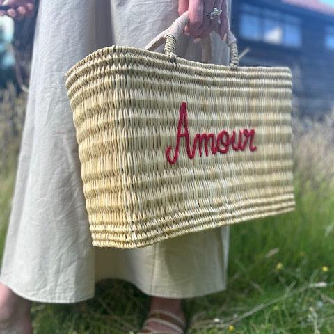 Amour Handwoven Basket – Embroidered Reed Tote with Leather