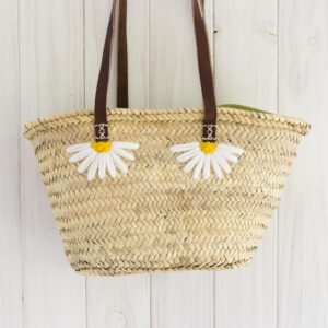 Small Handwoven Palm Basket with Half Daisies – Summer Straw